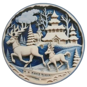 Set Of 2 Coasters Winter Scene 4inch Round Horse Christmas - Picture 1 of 3
