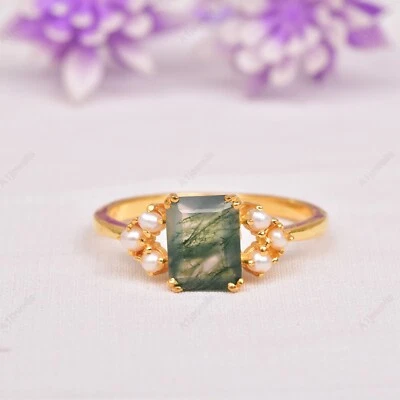 Natural Green Moss Agate And Pearl Cluster Engagement Ring Promise Ring for Her - Image 1 of 4