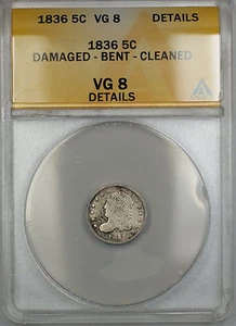 1836 Small 5 Capped Bust Silver Half Dime 5c Coin ANACS VG-8 Details PRX - Picture 1 of 2