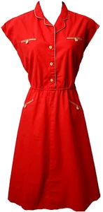 Diner Pinup Waitress Dress 8 Fit Flare Cap Sleeve POCKETS Red Retro Vintage 70s - Picture 1 of 8