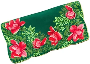 Vtg. Linen Hanky Scalloped Green With Pink Camellias Hand Rolled EXC - Picture 1 of 4