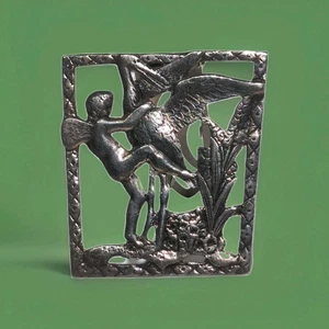 VTG Sterling Silver ART NOUVEAU Cherub Putti Angel & Stork Bird Brooch Clip 24g - Picture 1 of 4