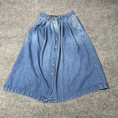 复古 Eddie Bauer 裙子女式 10 蓝色牛仔纽扣前打褶口袋 90 年代 — 第 1/4 张图片