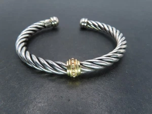 Sterling Silver & 14K Gold Cable Cuff Bracelet, Italy Signed B, 16g - Picture 1 of 9