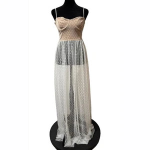 White Fox Totally Bangin’ Mesh Maxi Dress White Sheer Bustier Small NEW - Picture 1 of 8