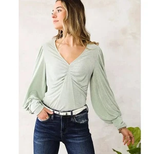 Willow Root Mint Green Ruched Long Sleeve Top Women’s XL Peasant Boho Office - Picture 1 of 9