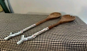Vintage Wood & Silver metal TREE BRANCH Salad utensil set Serving Fork & Spoon - Picture 1 of 24