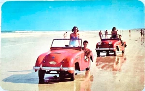 Fun 50s Crosley Hotshots Daytona Beach Postcard Mini Sports Cars Drivers & Girls - Picture 1 of 2