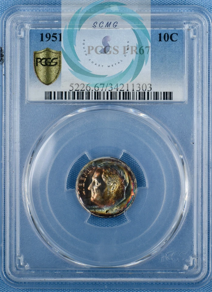 Moneda de diez centavos Roosevelt 1951 PR67 PCGS en TrueView - Espectaculares tonos arco iris anverso Foto 1 de 4