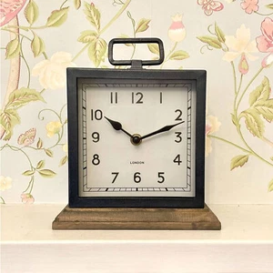 Metal Clock Wooden Base Home Decor Distressed Black Square Living Room Office - Picture 1 of 13