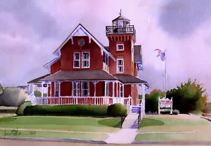 Faro Sea Girt, costa de Nueva Jersey. Tarjetas de notas de paisaje de acuarela de James Mann - Imagen 1 de 3