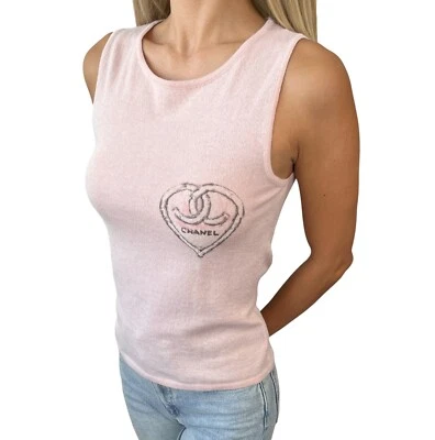 CHANEL Vintage 09C CC Mark Logo Heart Knit Tank Top #34 Pink Cashmere Rank AB+ - Image 1 of 4