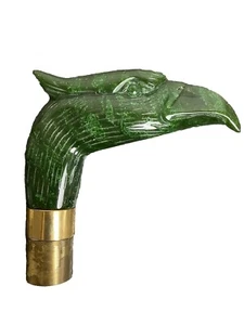Antique Carved Jadeite Bird of Prey Brass Walking Stick Raptor Cane Eagle - Picture 1 of 8