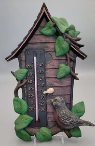 Vtg Handmade Handpainted Ceramic Thermometer Birdhouse Robin Leaf Border Signed - Picture 1 of 9