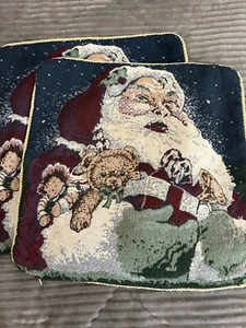 Vintage Set of 2 Christmas Santa Tapestry Pillow Covers Shams Rope Edge 15" - Picture 1 of 6