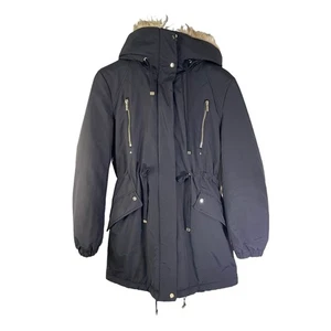 MNG Mango Women Faux Fur Hooded Full Zip Parka Jacket Coat Black XS Cold Weather - Picture 1 of 9