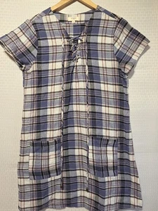 Umgee USA Plaid Dress Women’s Medium Blue Brown Short Sleeve Lace Up Pockets... - Picture 1 of 8