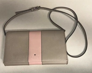 KATE SPADE NEW YORK Leather Slim Crossbody Small Beige & Pink Crossgrain - Picture 1 of 12