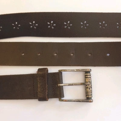 Vintage Italian Leather Belt Brass Buckle Made In Canada Flower Cut Outs Sz XL - Image 1 of 4