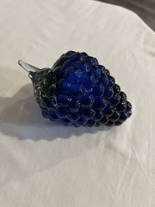 Cobalt Blue Glass Grape Cluster with Clear Applied Stem and Leaf Vintage - Picture 1 of 7