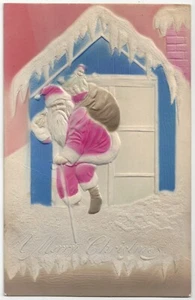 1909 Navidad con aerógrafo Santa Claus sube al techo - postal navideña vintage - Imagen 1 de 2