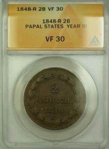 1848-R Papal States Year III 2 Baiocchi Coin ANACS VF 30 - Picture 1 of 2