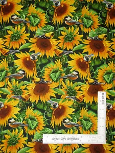 Sunflowers Floral & Birds Garden Green Cotton Fabric David Textiles By The Yard - Picture 1 of 1