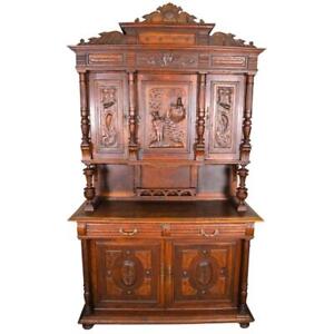 Antique Outstanding Carved Scenic Oak Sideboard #21747
