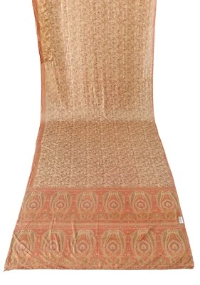 Tela de sari de seda sintética estampada floral beige antiguo artesanal sari indio vintage Foto 1 de 3