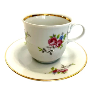 Vintage Espresso Teacup Saucer Demitasse Mini Cabbage Rose Floral Gold Trim # 1 - Picture 1 of 12
