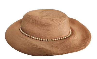 New York Creation #22-2.5" Wide Brim -Woven Peach/Brown Hat with Pearls - Image 1 of 4