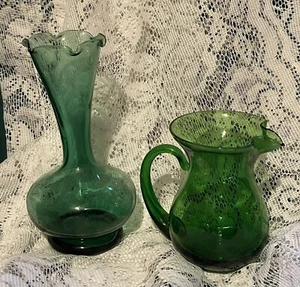 Set Of 2 Small Delicate Green Pieces Vase & A Pitcher Vtg - Picture 1 of 12