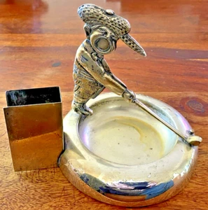 RARE Silver Plate Golfer Cheroot Cutter Vesta & Ashtray Combo - Pure Kitsch - Picture 1 of 8