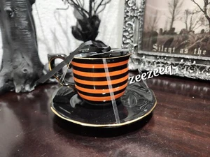 Halloween Bella Lux Black Orange Striped TEACUP & SAUCER - Picture 1 of 4