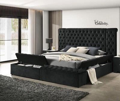 1pc Contemporary Upholstered Storage King Size Bed Button Tufted Black - Image 1 of 4