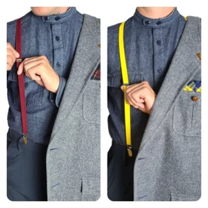 True Narrow Half Inch Suspenders Elastic X Braces Yellow Oxblood Silver Hardware - Picture 1 of 16
