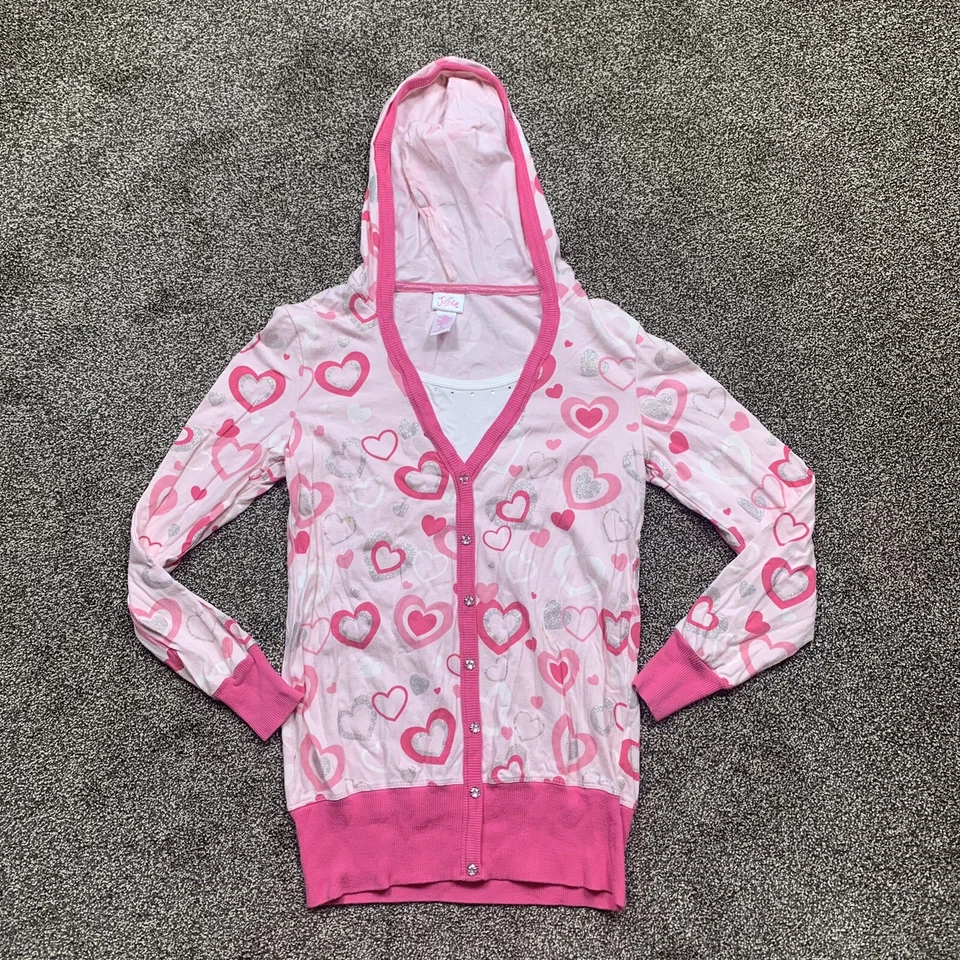 Justice Girls Grande (14) Manga Larga Con Capucha Cuello en V Rosa Corazón Suéter Pullover Foto 1 de 4