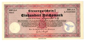 Germany 100 RM Steuergutschein I 1939 aUNC Tax Certificate New Finance Plan - Picture 1 of 2