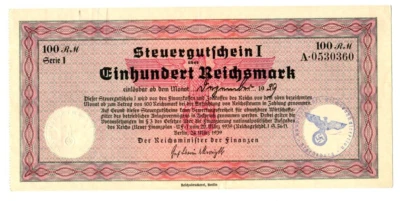 Germany 100 RM Steuergutschein I 1939 aUNC Tax Certificate New Finance Plan - Image 1 of 2