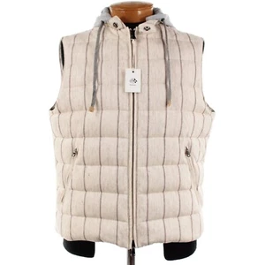 Fradi NWT Cotton Linen Hooded Vest Size 54 (44 US) In Beige Striped Down Filled - Picture 1 of 16