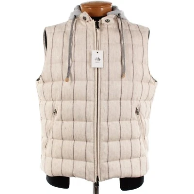 Fradi NWT Cotton Linen Hooded Vest Size 54 (44 US) In Beige Striped Down Filled - Image 1 of 4