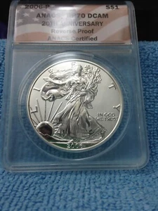 2006-P AMERICAN SILVER EAGLE REVERSE PROOF ANACS RP70 DCAM (20TH ANN FLAG LABEL) - Picture 1 of 6