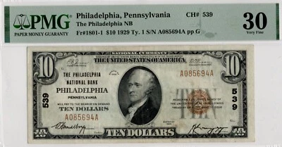 1929 T1 $10 Philadelphia National Bank Pennsylvania - PMG VF30 - CH# 539 - Image 1 of 2