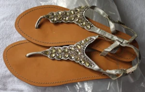 MONSOON SANDALS SIZE 7 SILVER BEADED THONGS FLIP FLOPS HARDLY WORN - Picture 1 of 4