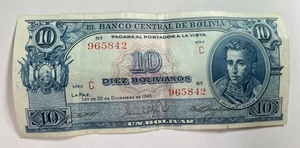 1945 Bolivia 10 Bolivianos Banknote Circulated P-139c - Picture 1 of 2