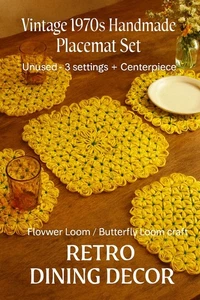 Vintage 70s Flower Loom Placemat Set Yellow Green Crochet Boho Table Decor 4pcs - Picture 1 of 10