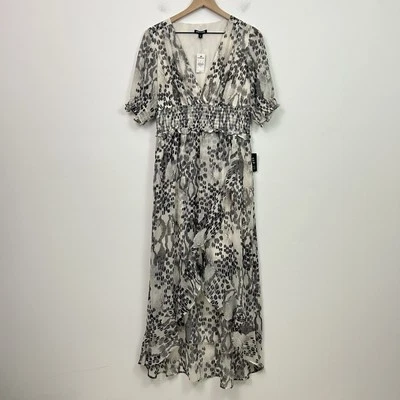 Nuevo con etiquetas Vestido Express Talla M Calado Imitación Envoltura Alto Bajo Volantes Maxi Negro Crema Foto 1 de 4