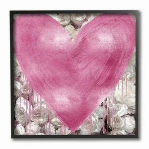 Stupell Pink Heart over Roses with Paint Drip Framed Wall White 12 x 12 - Picture 1 of 3