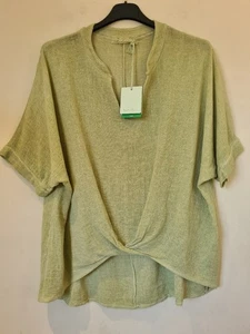Italian Washed Linen Top Lagenlook V Neck Hi Low Ruched Tunic One Size UK 10-14 - Picture 1 of 7