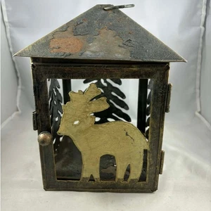 Vintage Metall Hänge oder Regal Sitter Kiefer & Elch Windlicht Kerzenhalter  - Bild 1 von 5